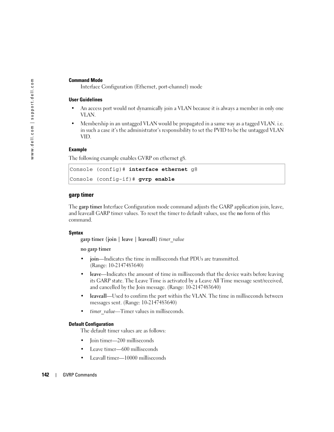 Dell 5324 manual Garp timer, Following example enables Gvrp on ethernet g8, 142 