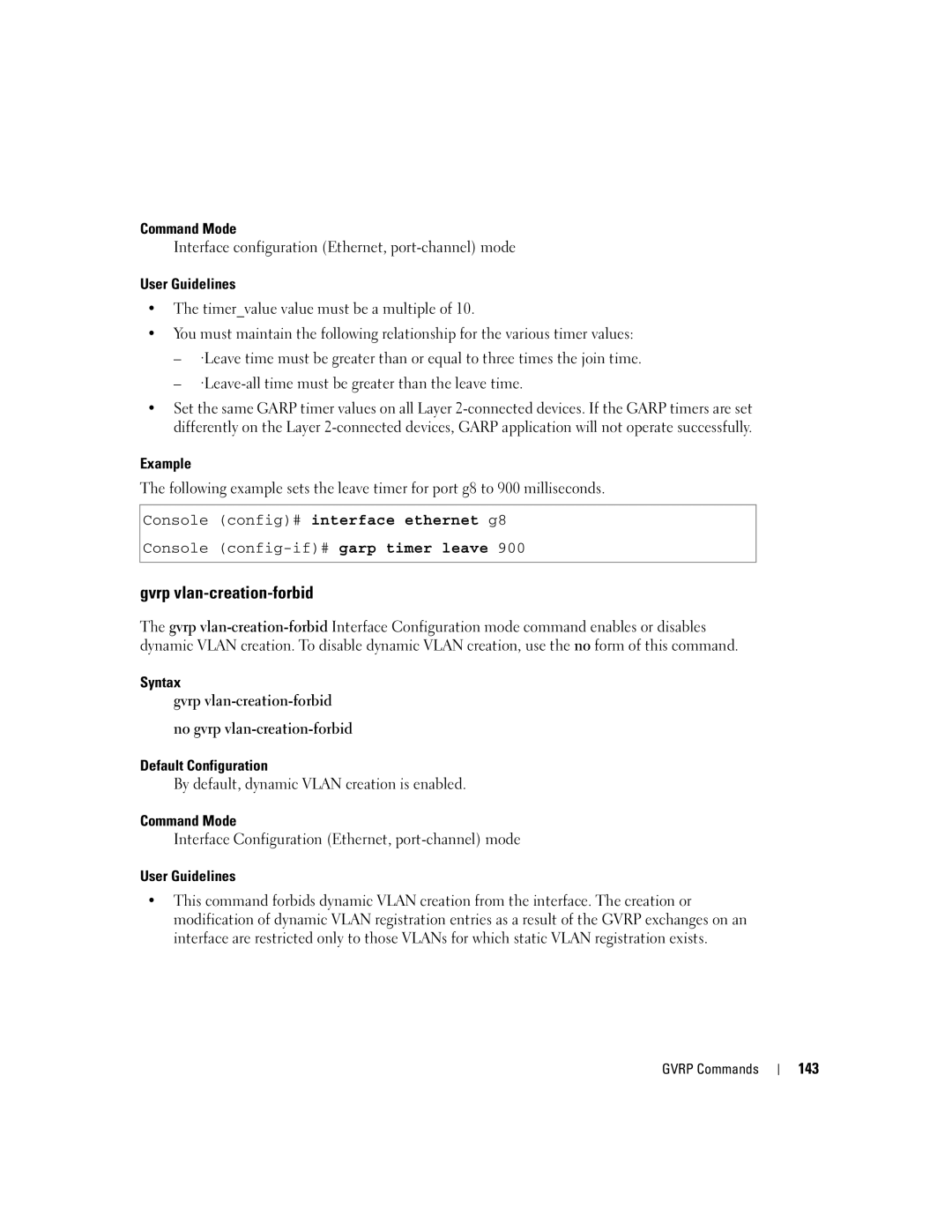 Dell 5324 manual Gvrp vlan-creation-forbid, By default, dynamic Vlan creation is enabled, 143 