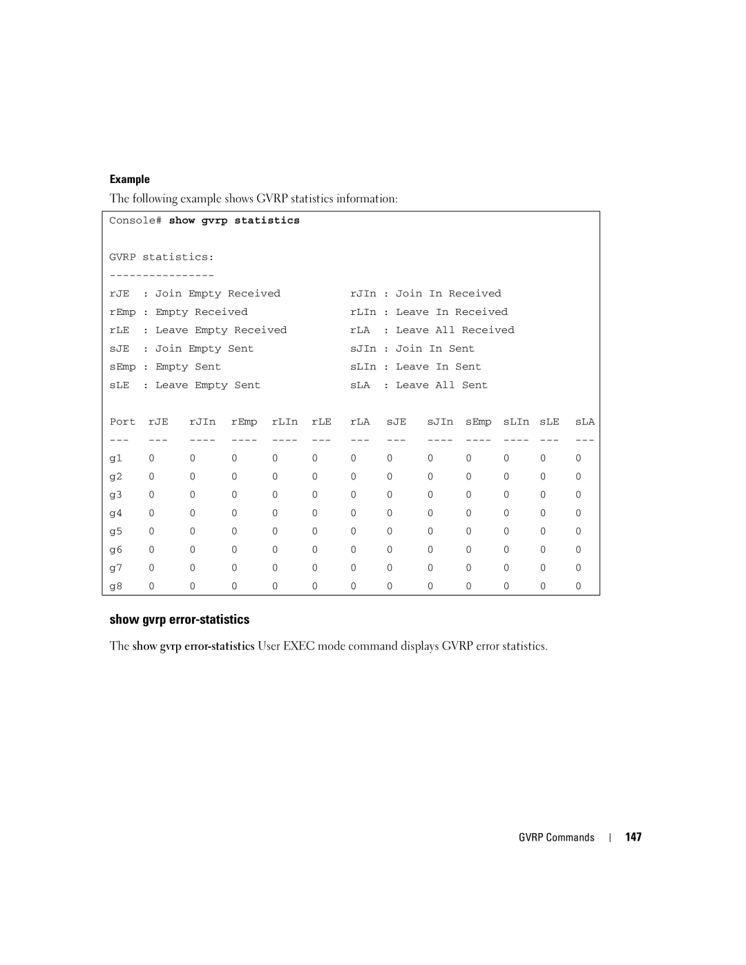 Dell 5324 manual Show gvrp error-statistics, Following example shows Gvrp statistics information, 147 