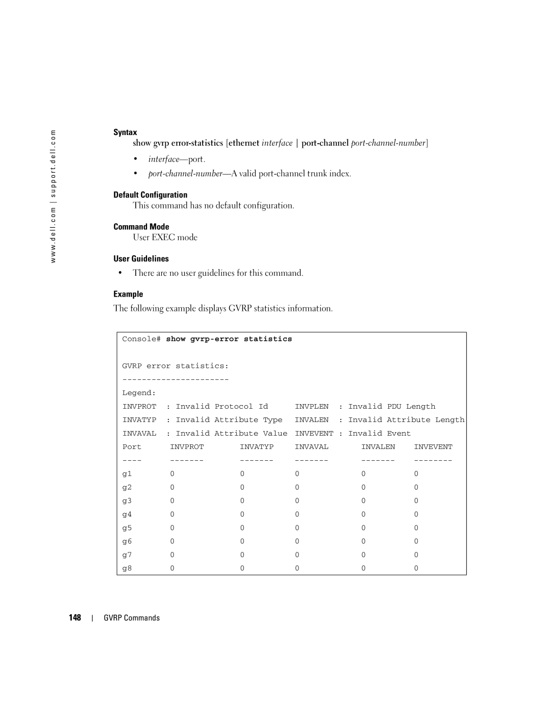 Dell 5324 manual Following example displays Gvrp statistics information, 148, Console# show gvrp-error statistics 