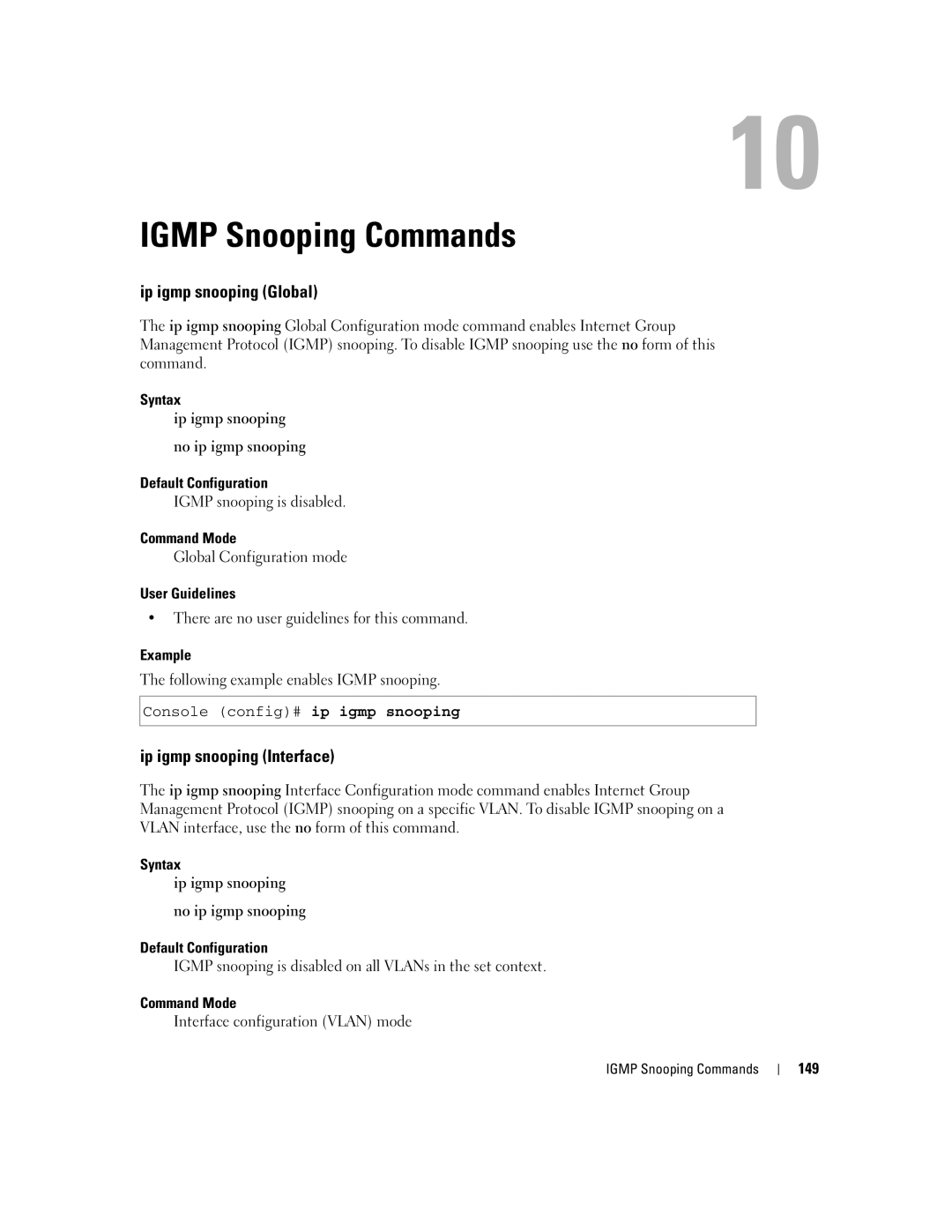 Dell 5324 manual Igmp Snooping Commands, Ip igmp snooping Global, Ip igmp snooping Interface, 149 