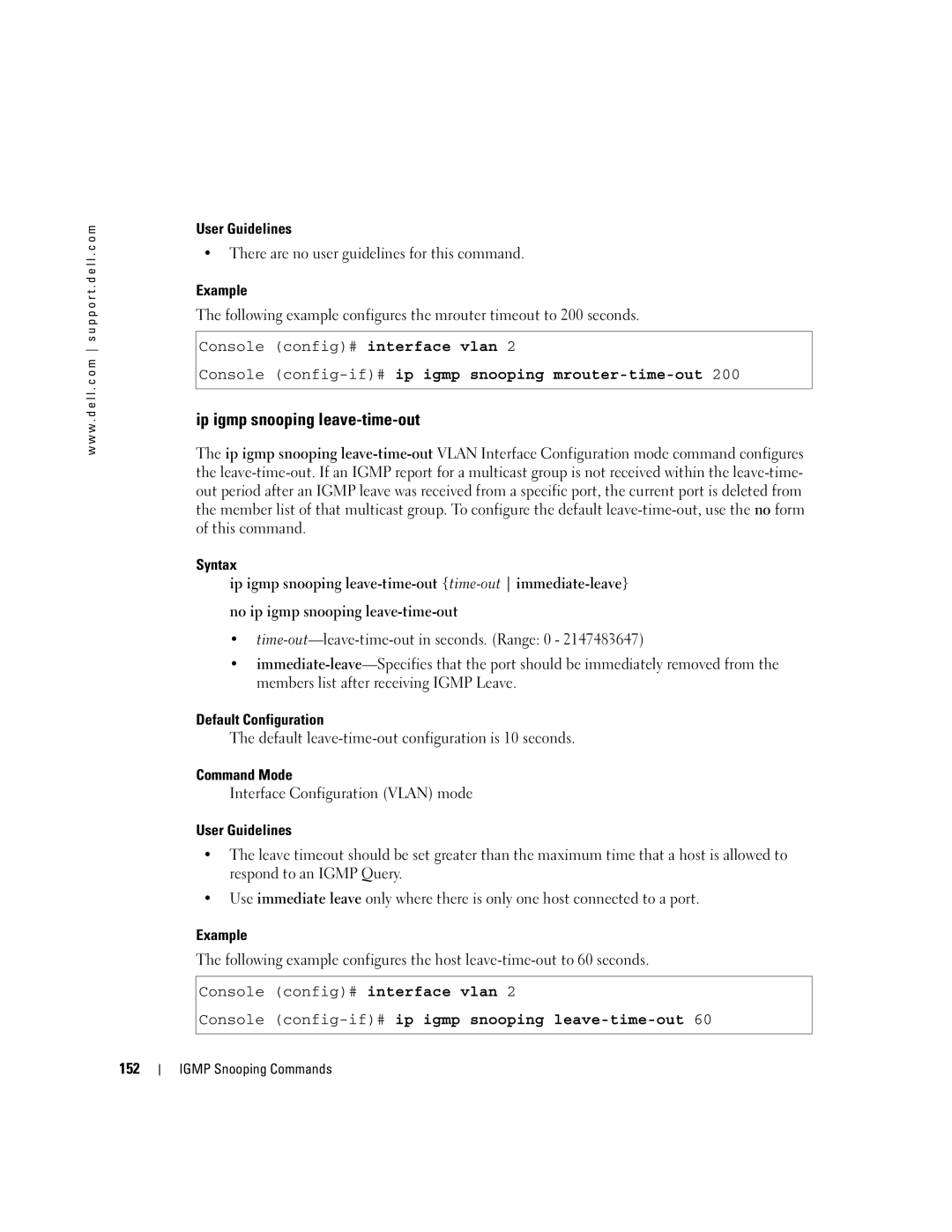 Dell 5324 manual Ip igmp snooping leave-time-out, Console config-if#ip igmp snooping mrouter-time-out, 152 