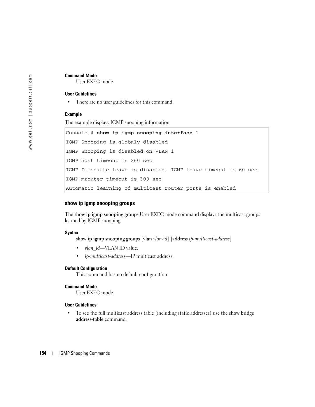 Dell 5324 manual Show ip igmp snooping groups, Example displays Igmp snooping information, 154 