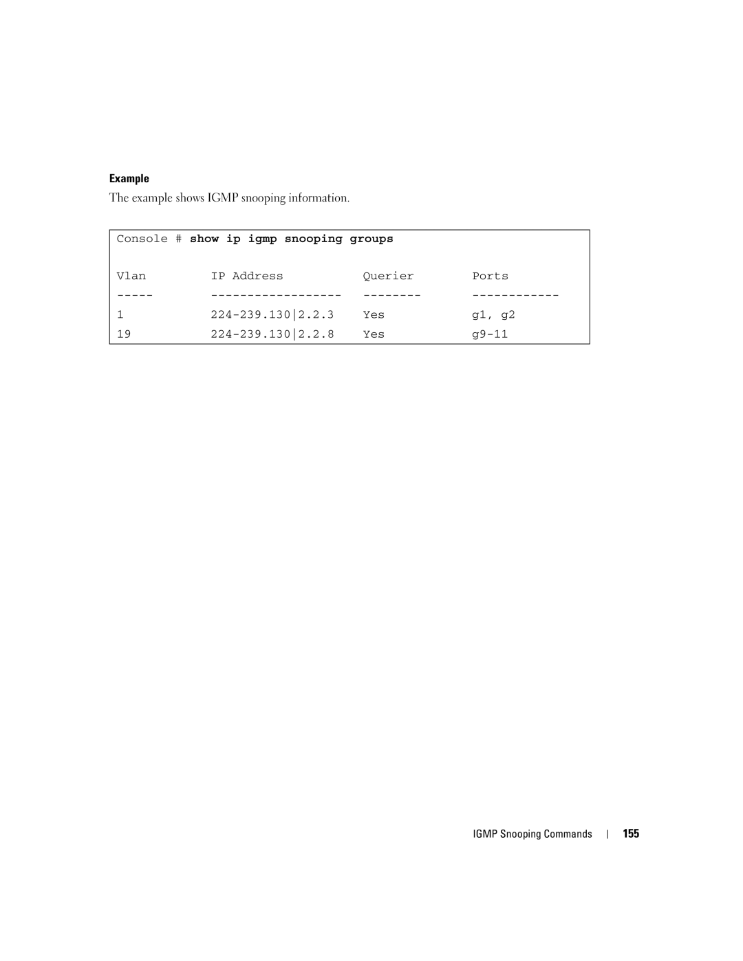 Dell 5324 manual Example shows Igmp snooping information, Console # show ip igmp snooping groups, 155 