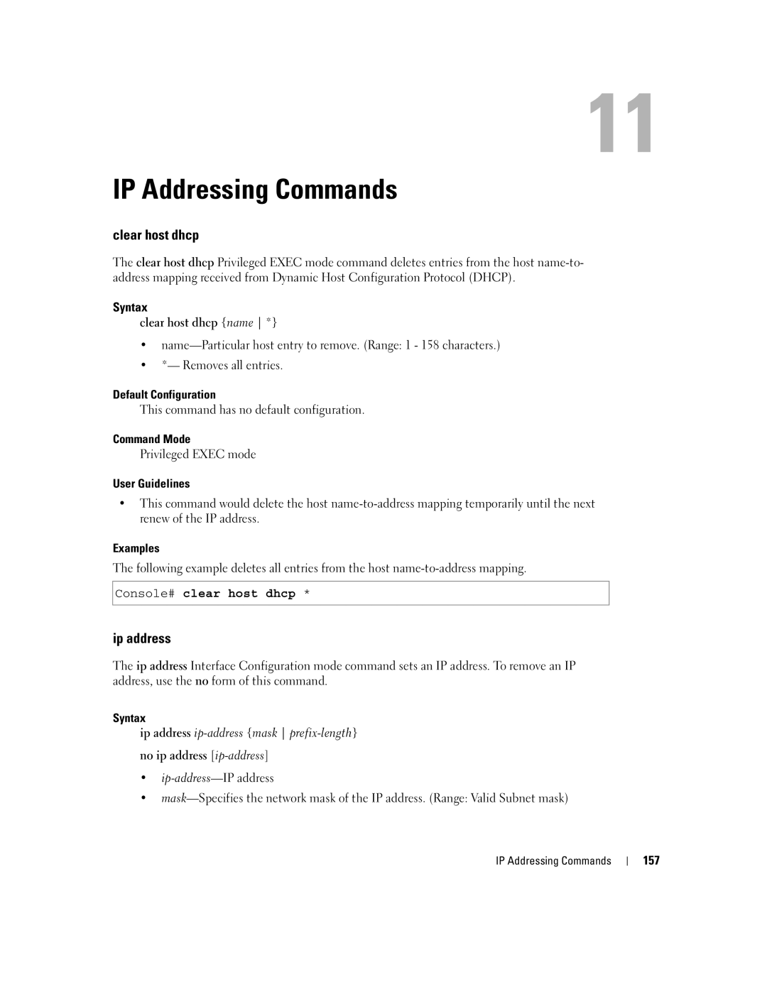 Dell 5324 manual IP Addressing Commands, Clear host dhcp, Ip address, Console# clear host dhcp 