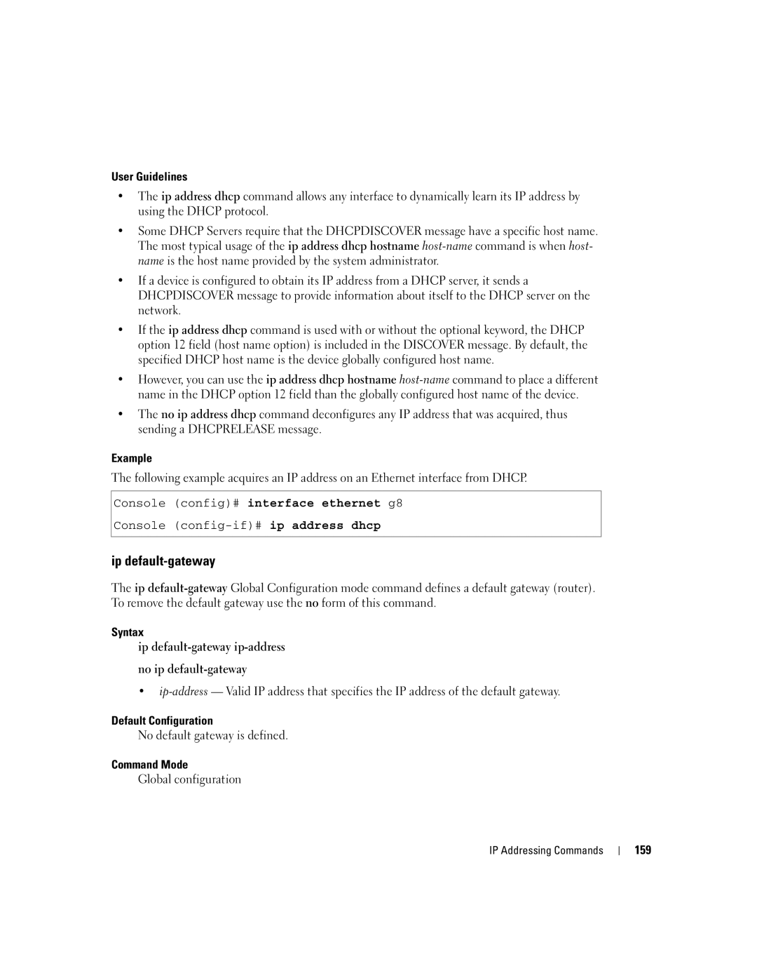 Dell 5324 manual Syntax Ip default-gateway ip-address No ip default-gateway, No default gateway is defined, 159 