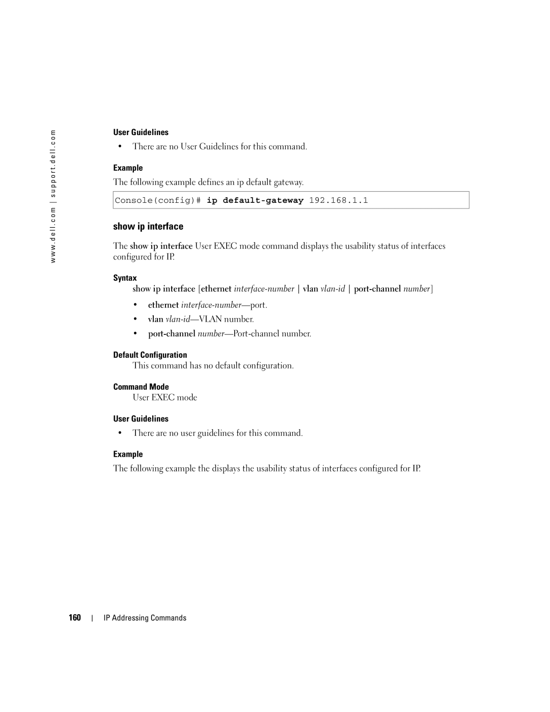 Dell 5324 manual Show ip interface, Following example defines an ip default gateway, 160 