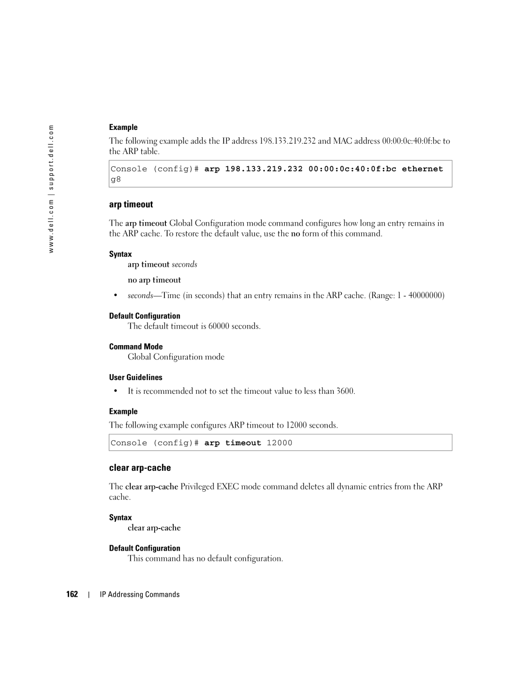 Dell 5324 manual Arp timeout, Clear arp-cache, Console config# arp 198.133.219.232 00000c400fbc ethernet 