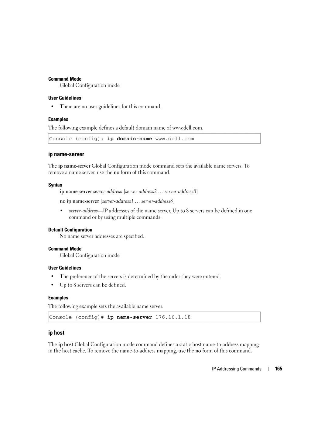 Dell 5324 manual Ip name-server, Ip host, No name server addresses are specified, 165 