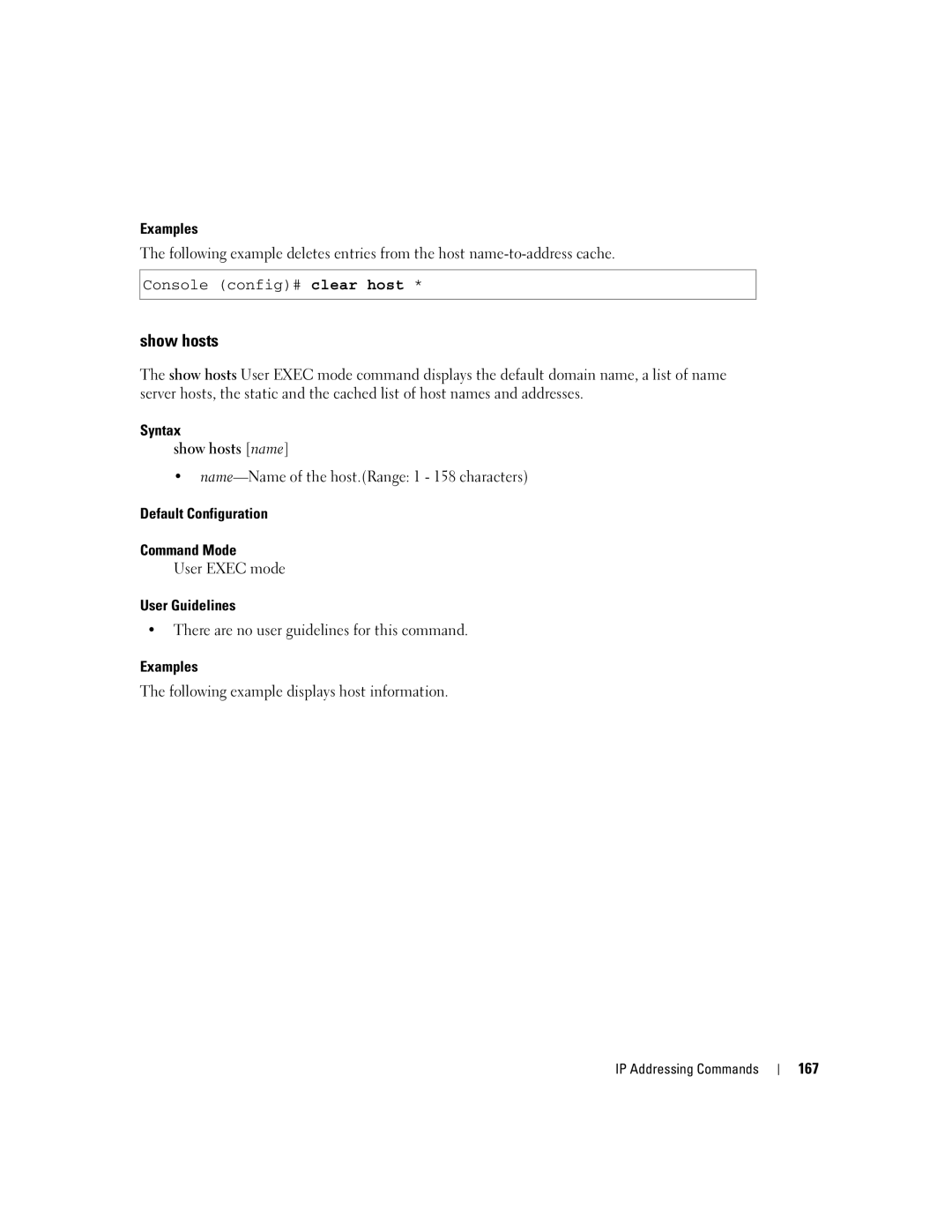 Dell 5324 manual Syntax Show hosts name, Default Configuration Command Mode, 167 