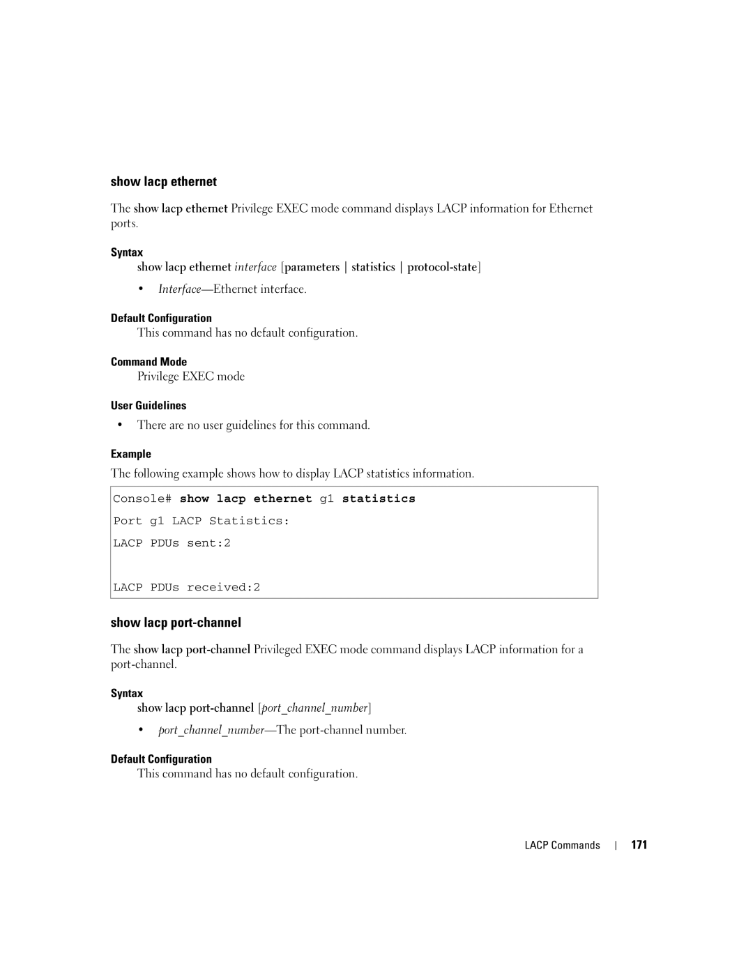 Dell 5324 manual Show lacp ethernet, Show lacp port-channel, Console# show lacp ethernet g1 statistics, 171 