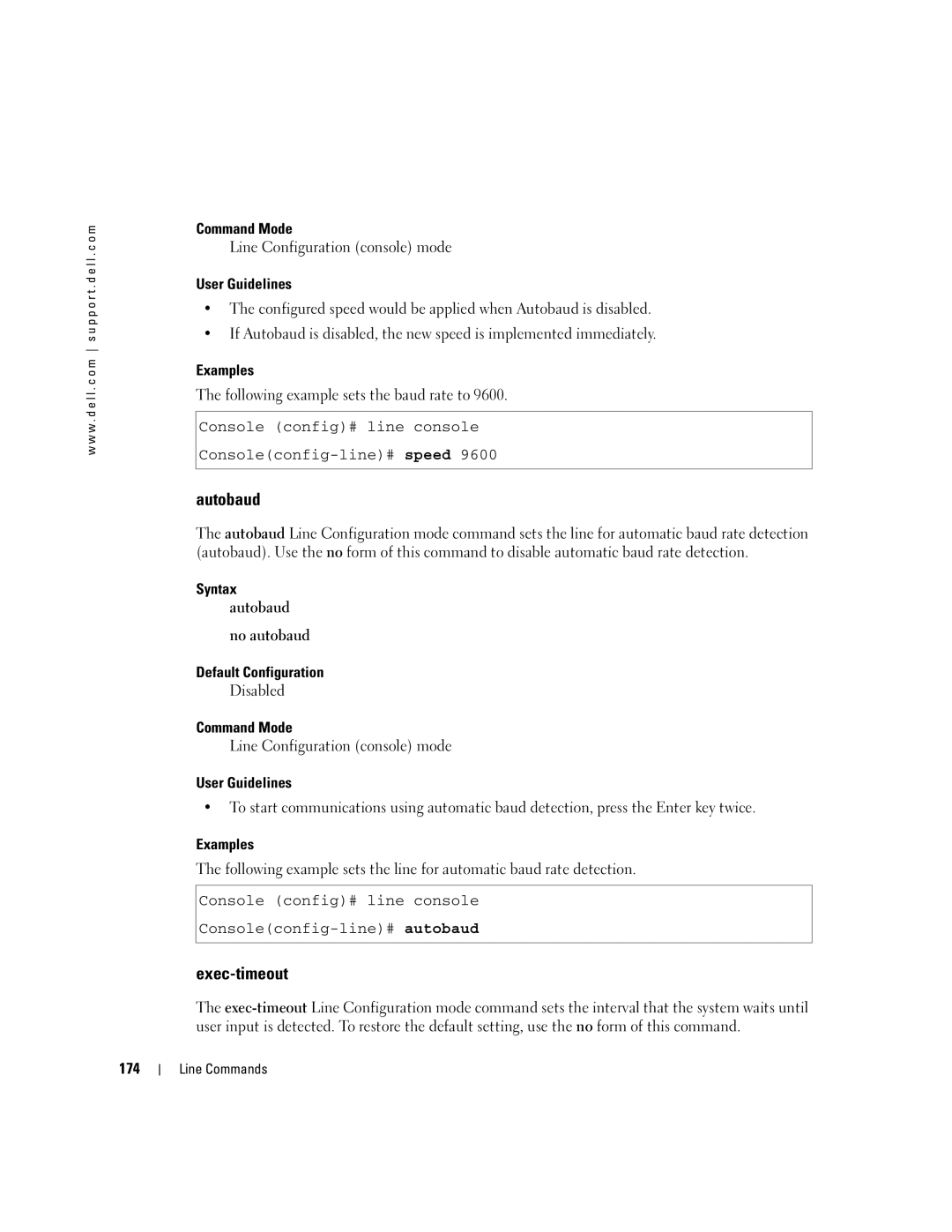 Dell 5324 manual Exec-timeout, Syntax Autobaud No autobaud Default Configuration, 174 