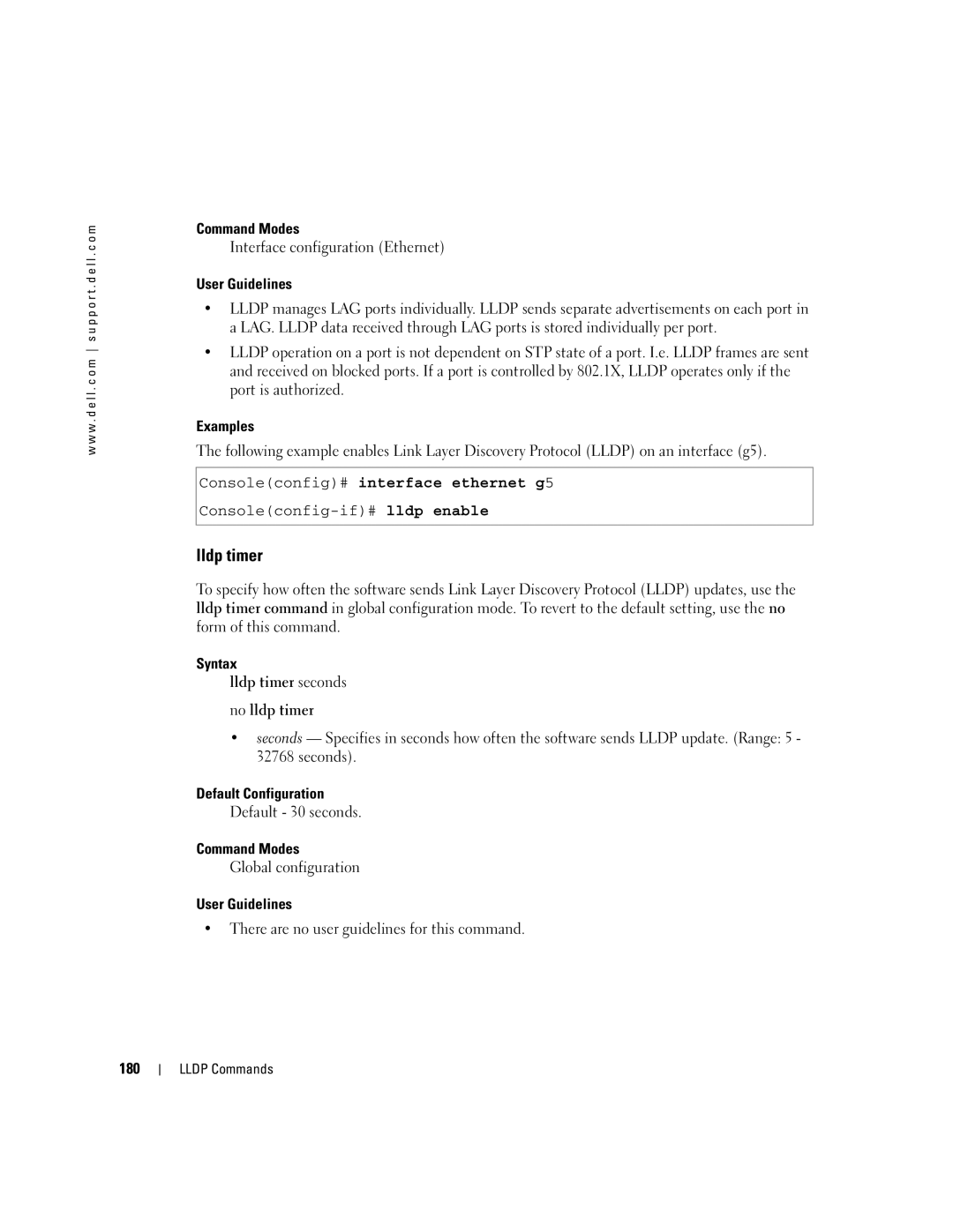 Dell 5324 manual Interface configuration Ethernet, Syntax Lldp timer seconds No lldp timer, Default 30 seconds, 180 