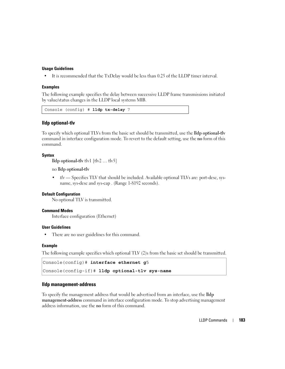 Dell 5324 manual Lldp optional-tlv, Lldp management-address, Usage Guidelines, No optional TLV is transmitted, 183 