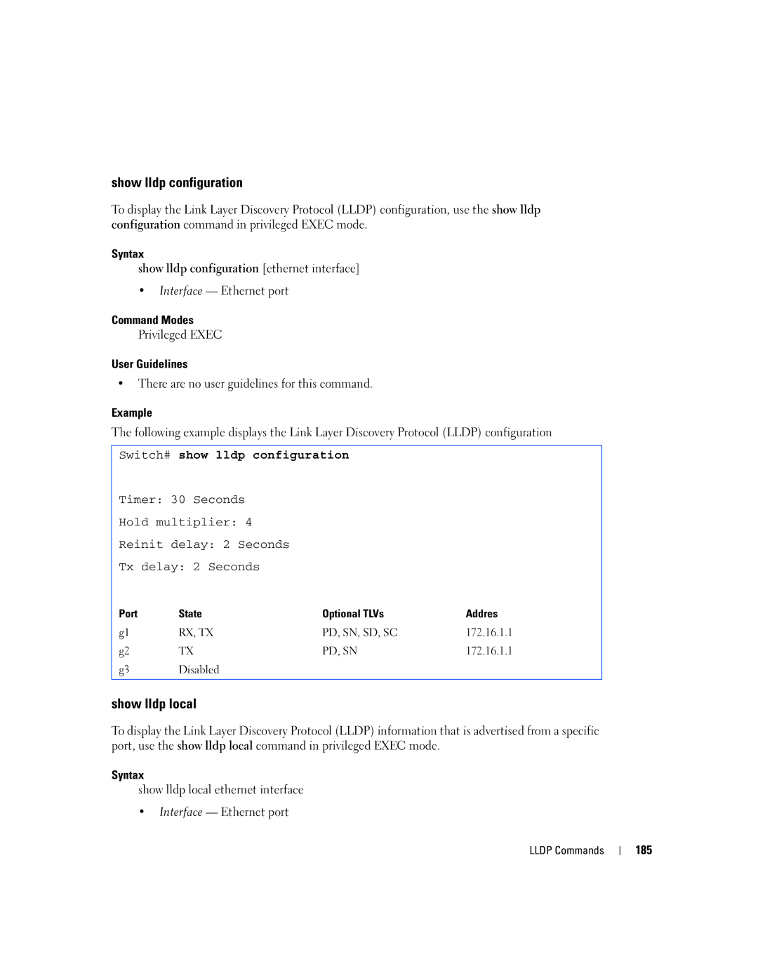 Dell 5324 Show lldp local, Syntax Show lldp configuration ethernet interface, Switch# show lldp configuration, 185 