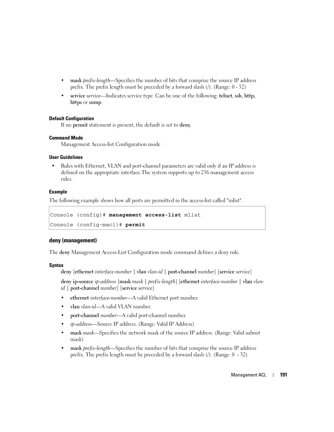 Dell 5324 manual Deny management, Management Access-list Configuration mode, 191 