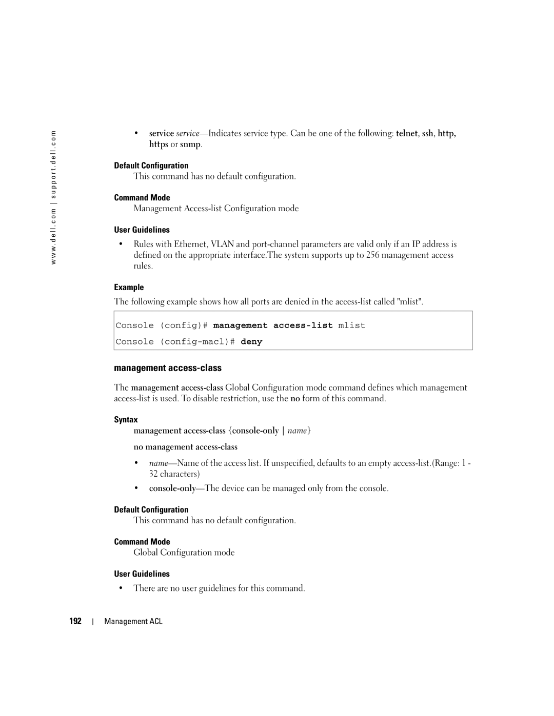 Dell 5324 manual Management access-class, 192 