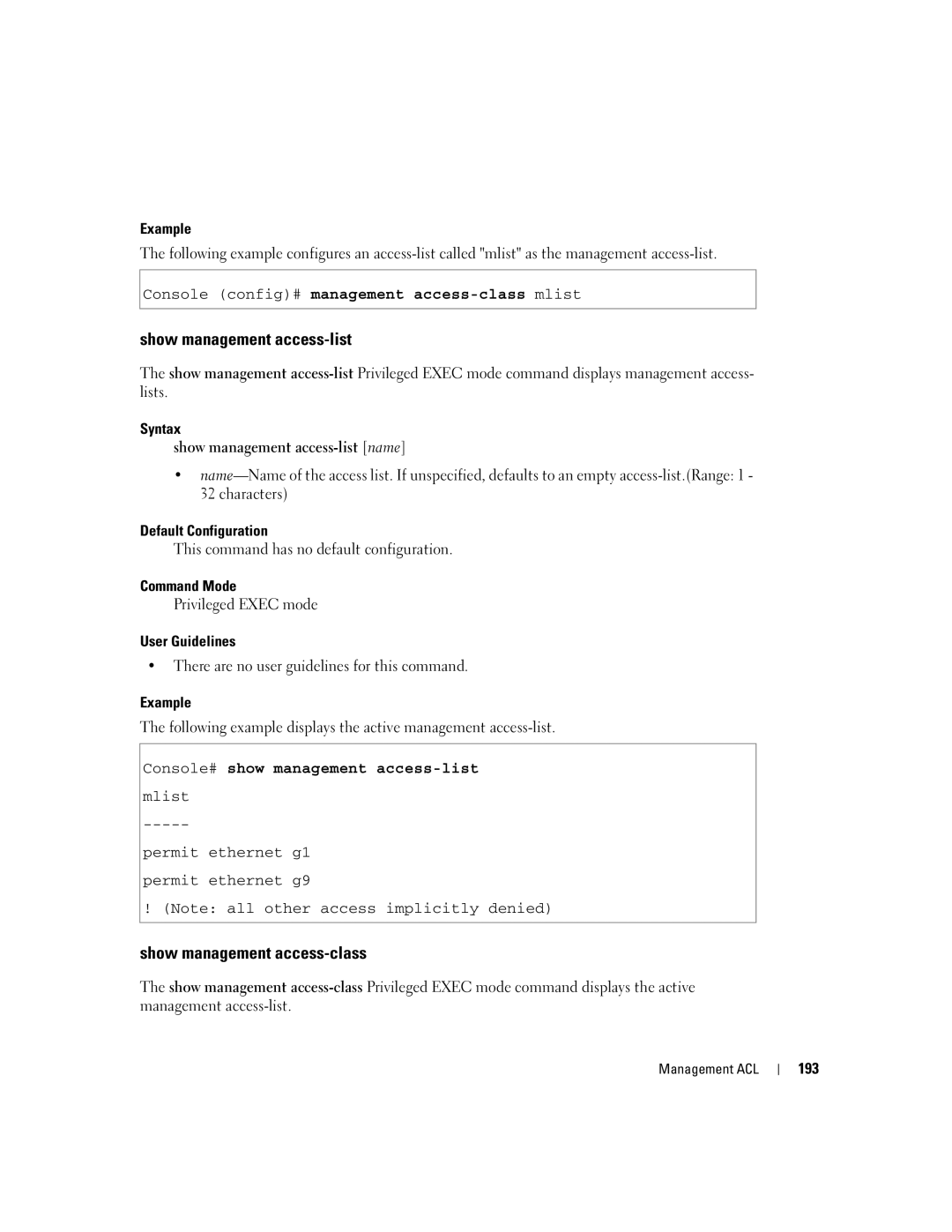 Dell 5324 Show management access-class, Syntax Show management access-list name, Console# show management access-list 