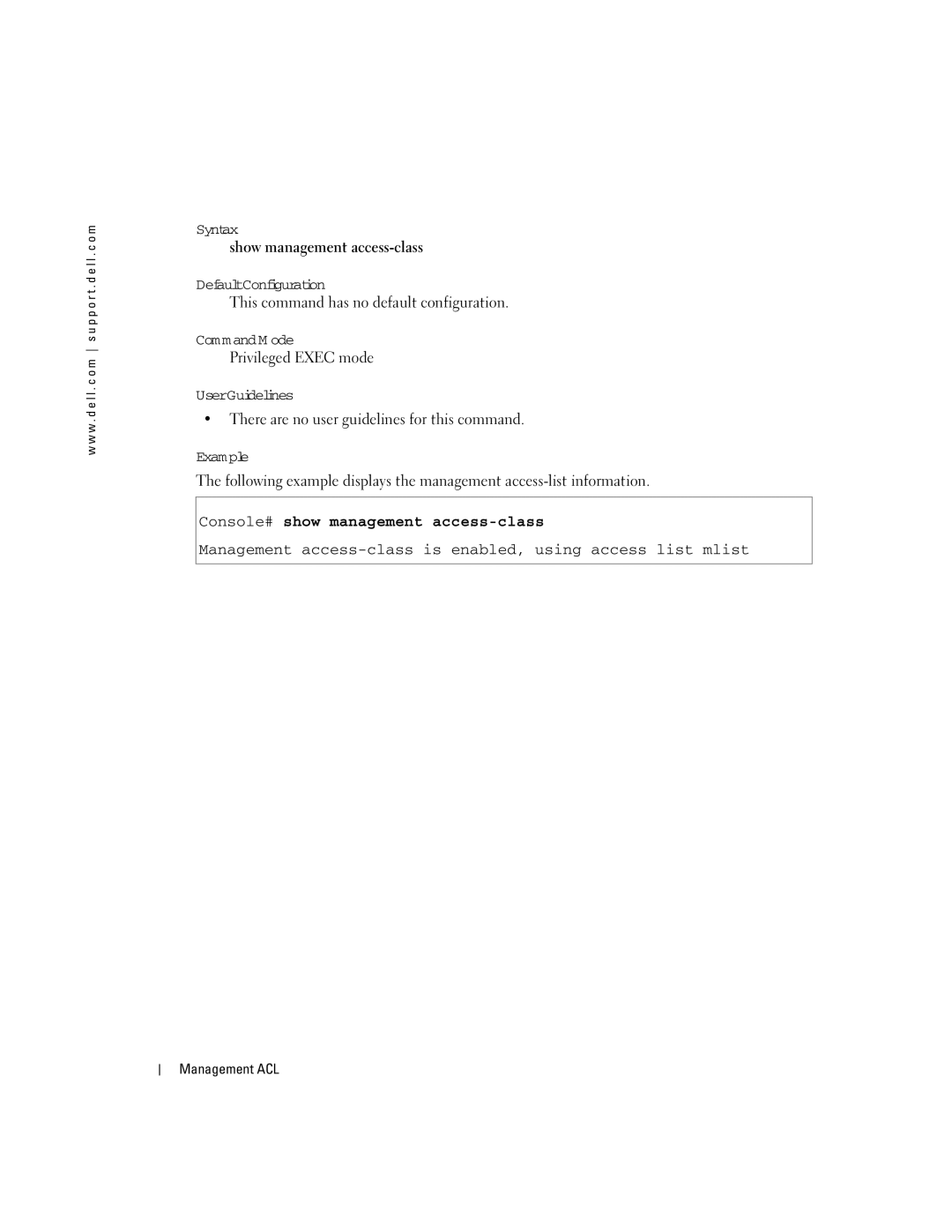 Dell 5324 manual Syntax Show management access-class Default Configuration, Console# show management access-class, 194 