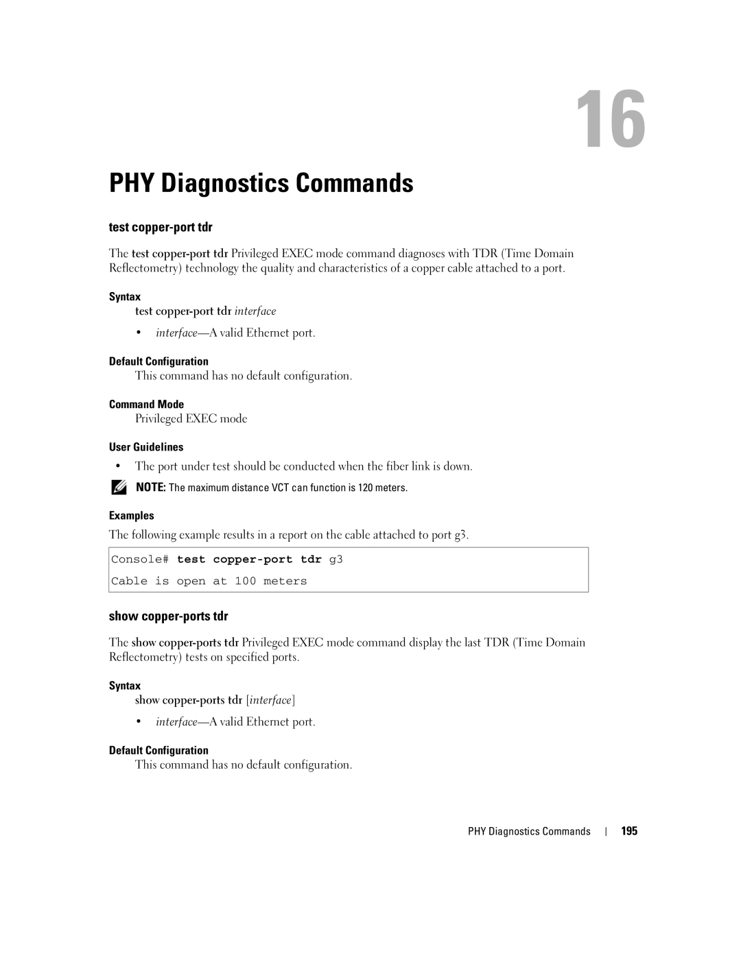 Dell 5324 manual PHY Diagnostics Commands, Test copper-port tdr, Show copper-ports tdr, Console# test copper-port tdr g3 
