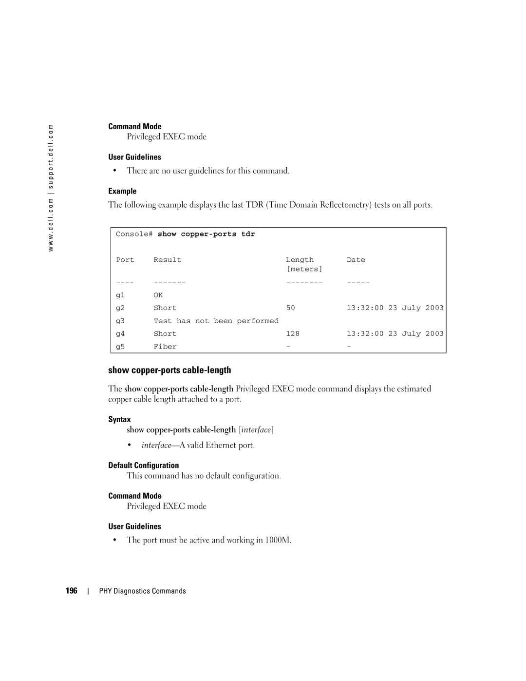 Dell 5324 manual Syntax Show copper-ports cable-length interface, Port must be active and working in 1000M, 196 