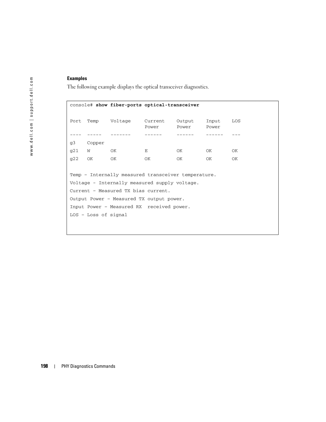 Dell 5324 manual 198, Console# show fiber-ports optical-transceiver 