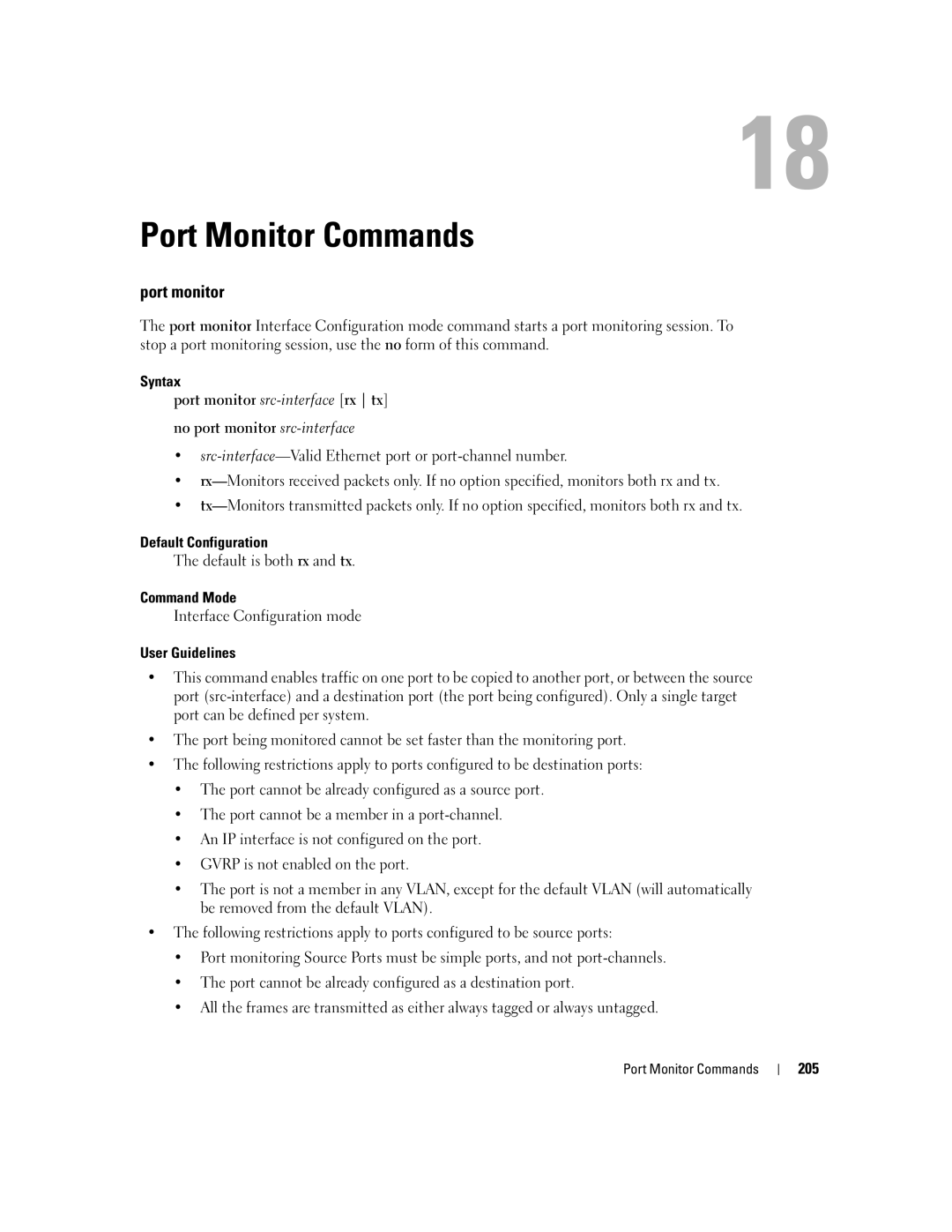 Dell 5324 manual Port Monitor Commands, Port monitor, Default is both rx and tx, Interface Configuration mode, 205 