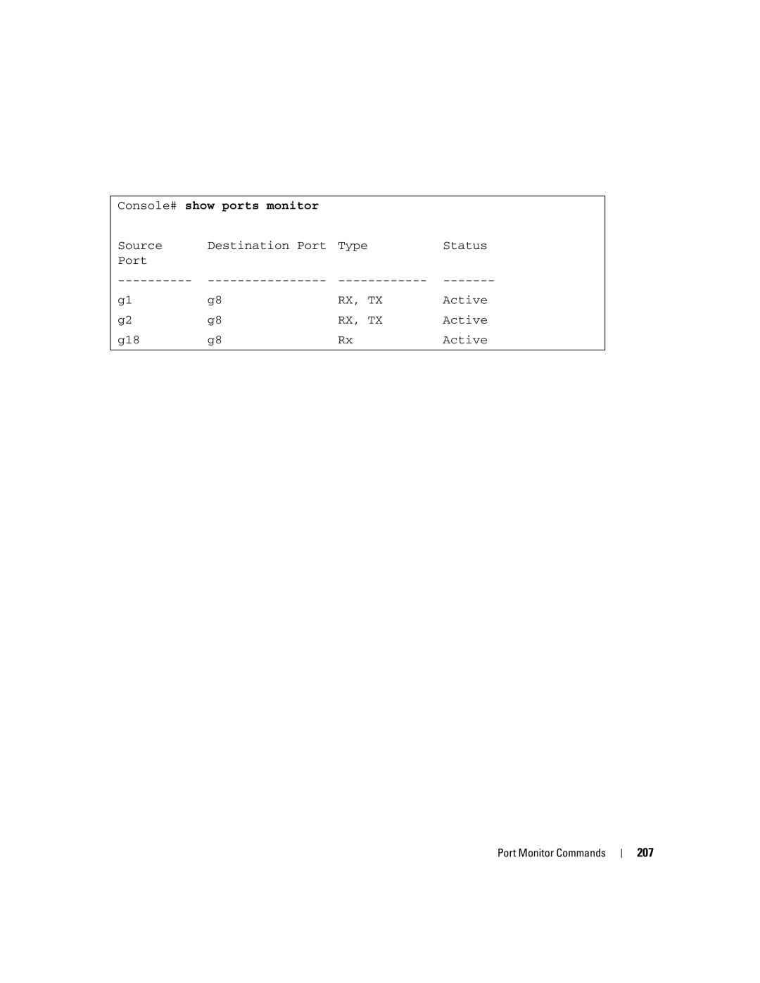 Dell 5324 manual Console# show ports monitor, 207 