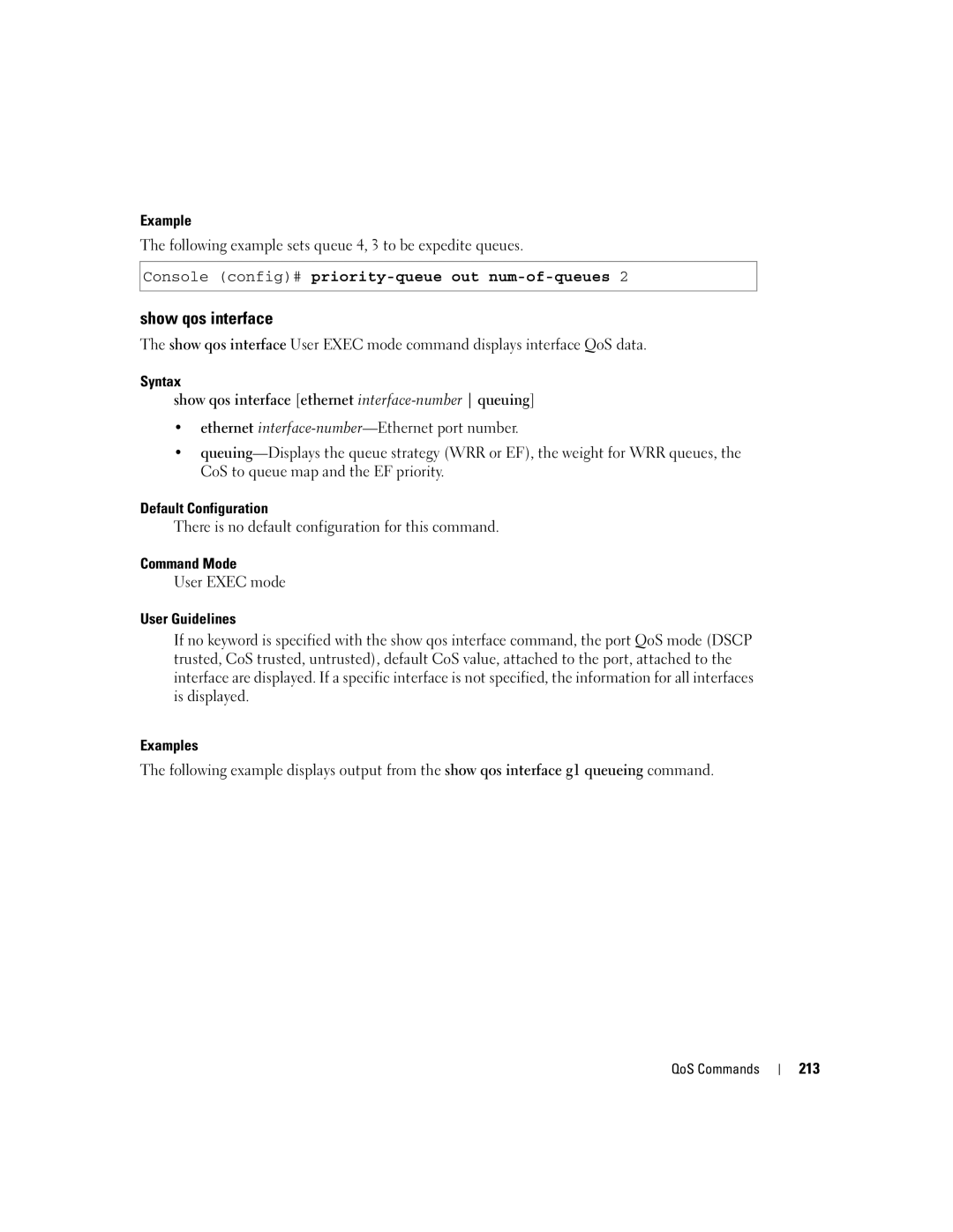 Dell 5324 manual Show qos interface, Following example sets queue 4, 3 to be expedite queues, 213 