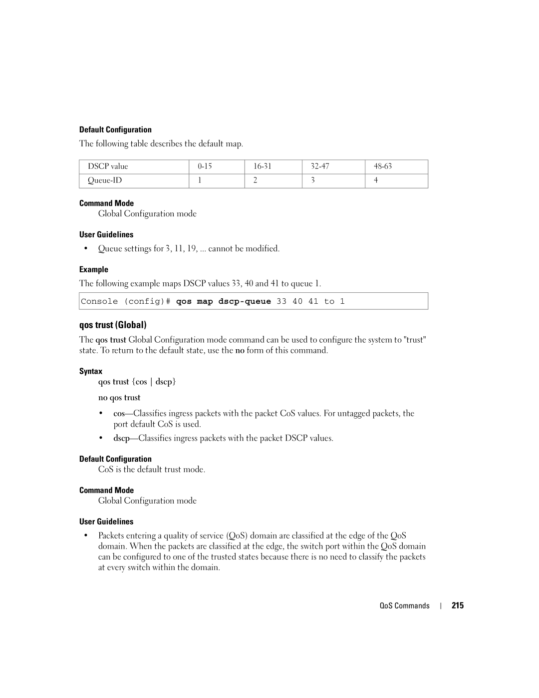 Dell 5324 manual Qos trust Global, Syntax Qos trust cos dscp No qos trust, 215 