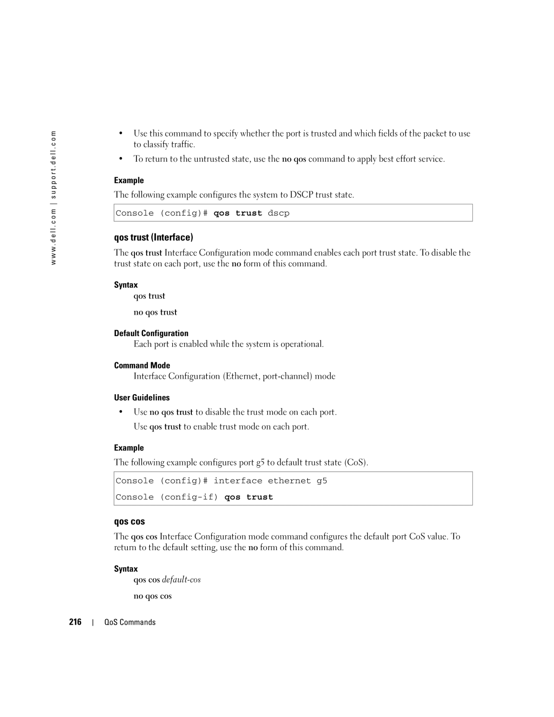 Dell 5324 manual Qos trust Interface, Qos cos, Syntax Qos trust No qos trust Default Configuration 