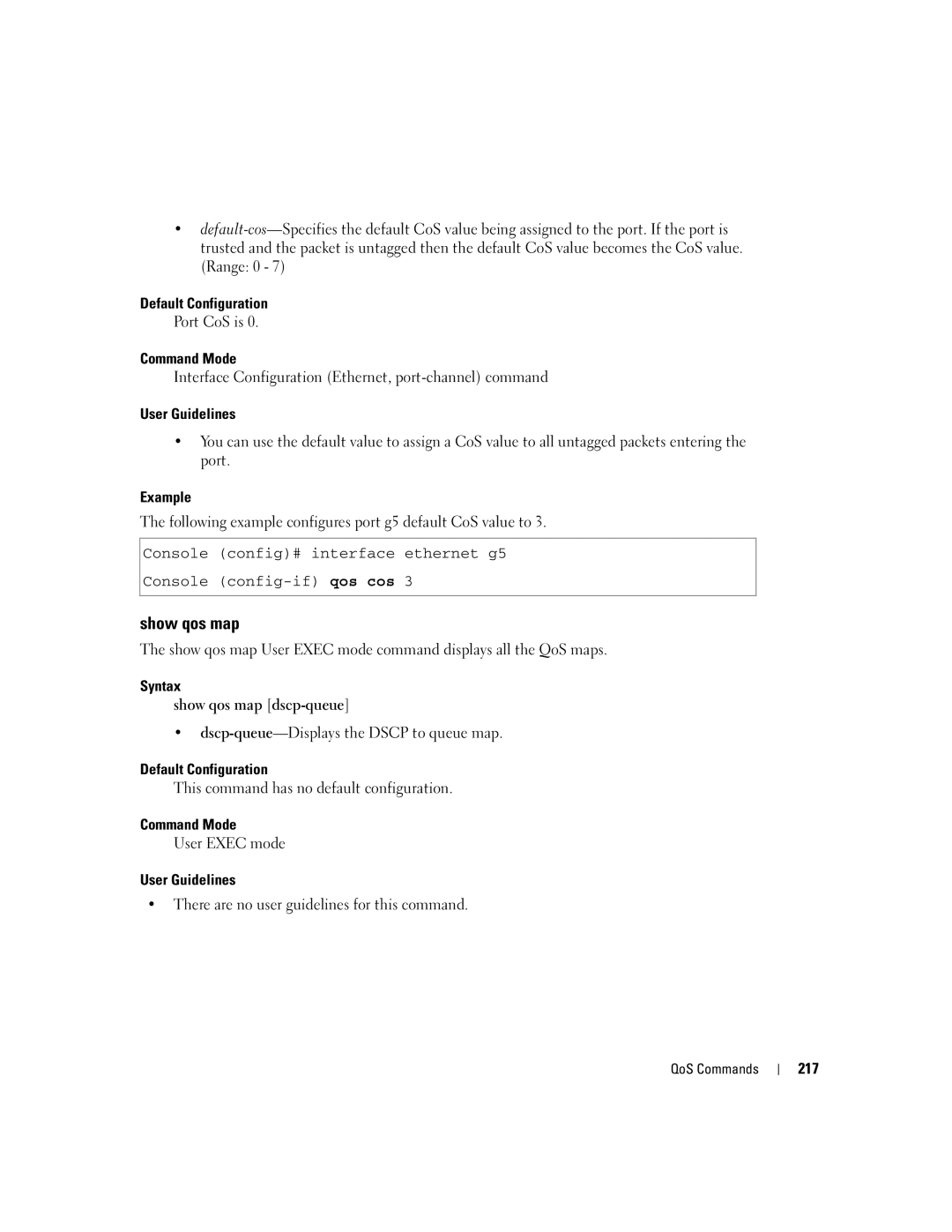 Dell 5324 manual Syntax Show qos map dscp-queue, 217 