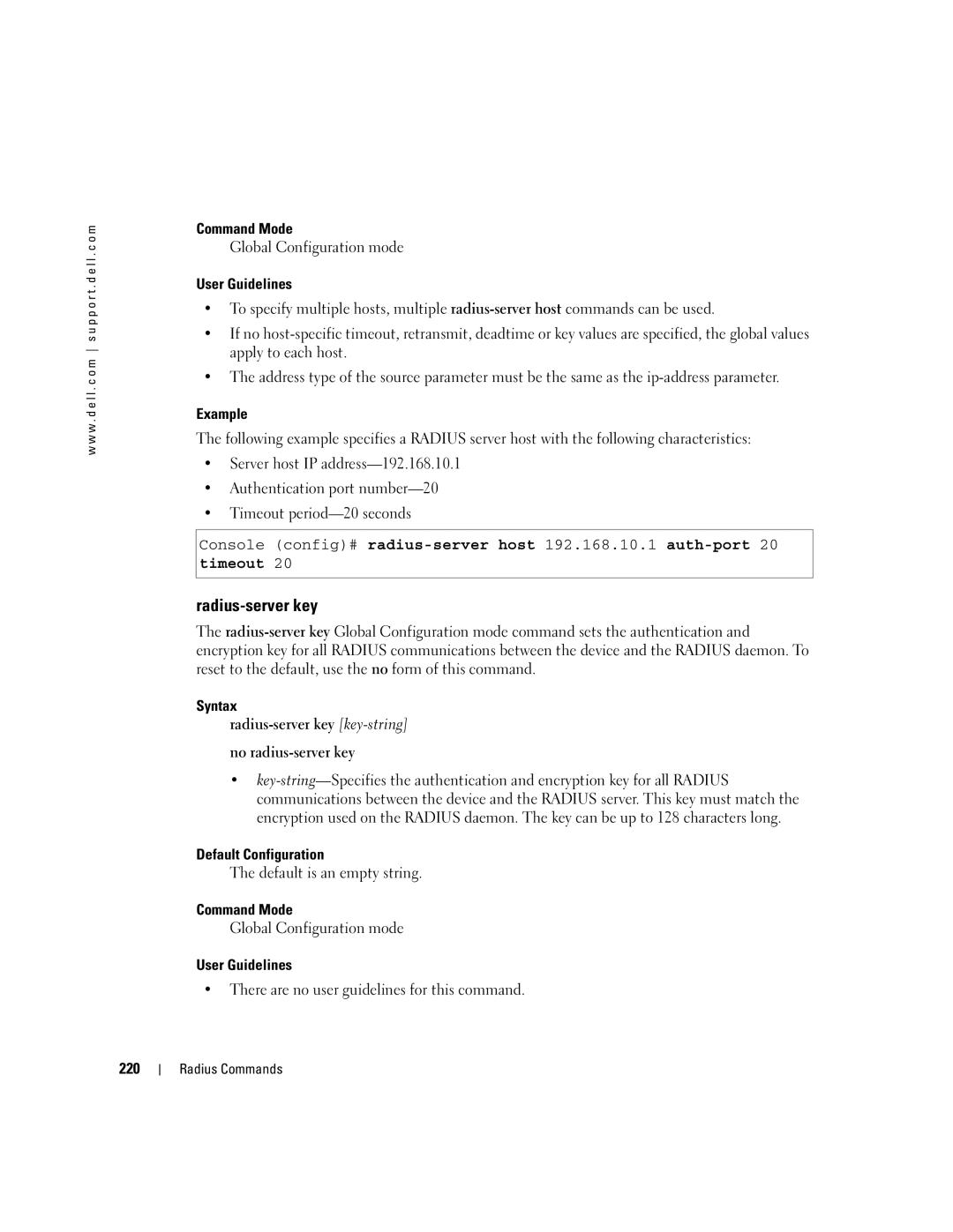 Dell 5324 manual Timeout, Syntax Radius-server key key-string No radius-server key, Default is an empty string, 220 