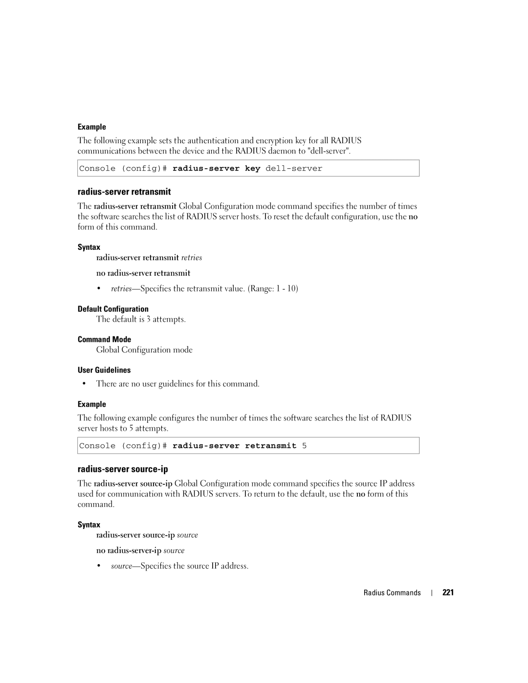 Dell 5324 manual Radius-server retransmit, Radius-server source-ip, Console config# radius-server retransmit, 221 