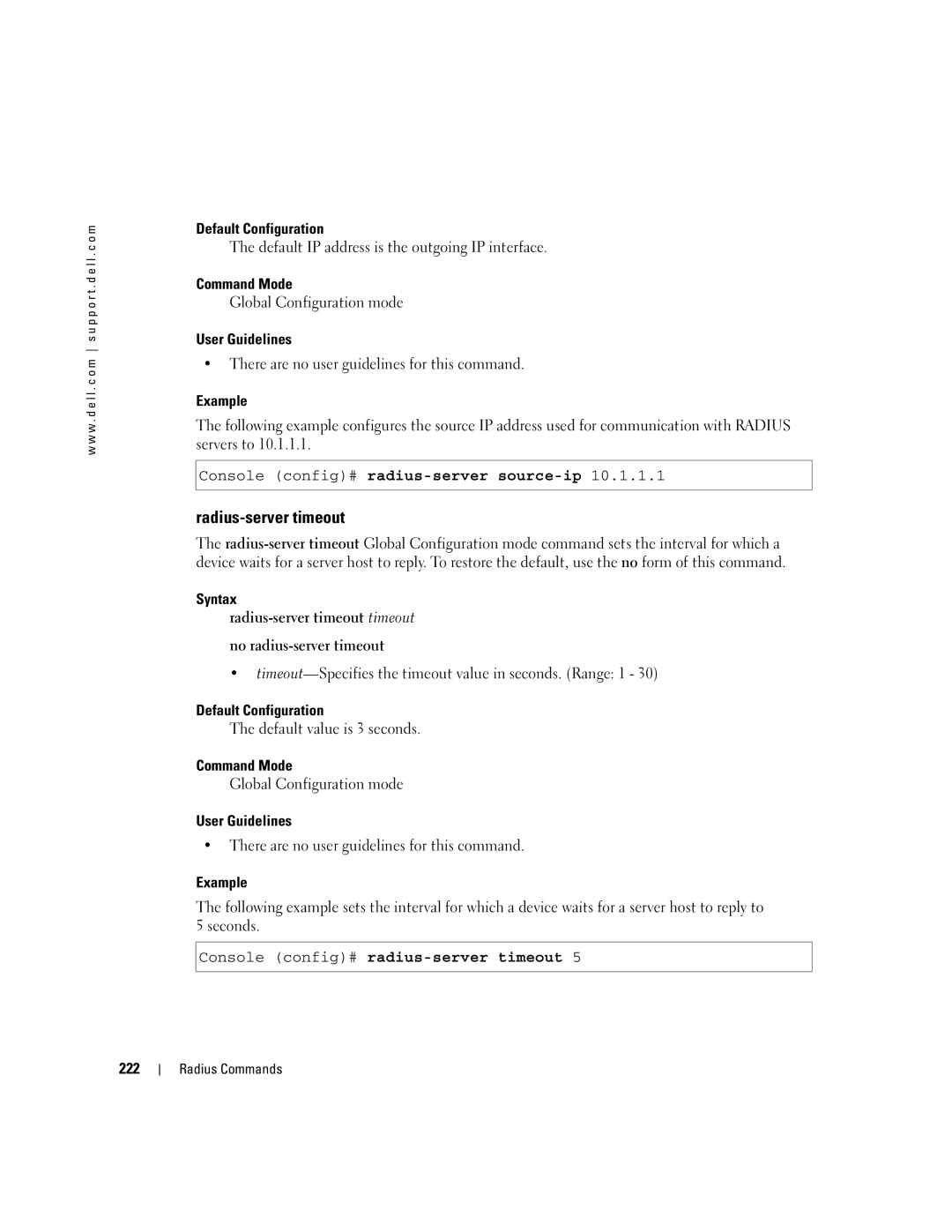 Dell 5324 manual Radius-server timeout, Console config# radius-server timeout, 222 