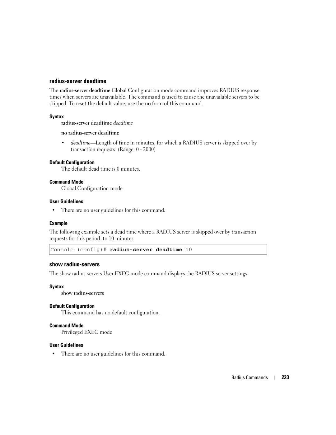 Dell 5324 manual Radius-server deadtime, Show radius-servers, Console config# radius-server deadtime, 223 