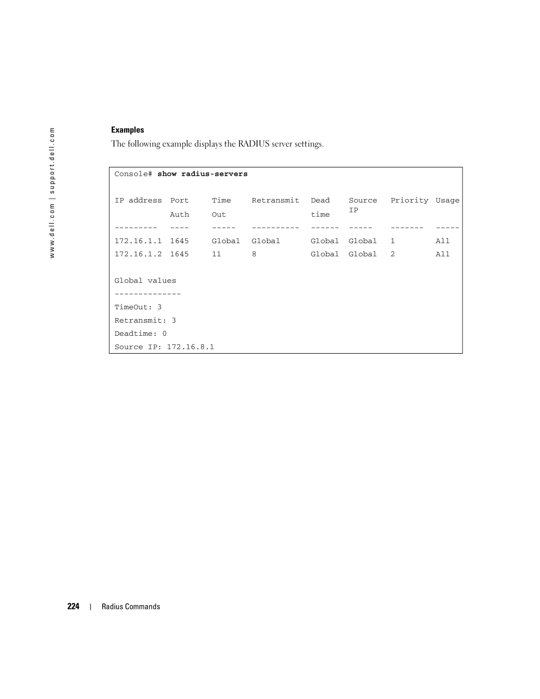 Dell 5324 manual Following example displays the Radius server settings, 224, Console# show radius-servers 