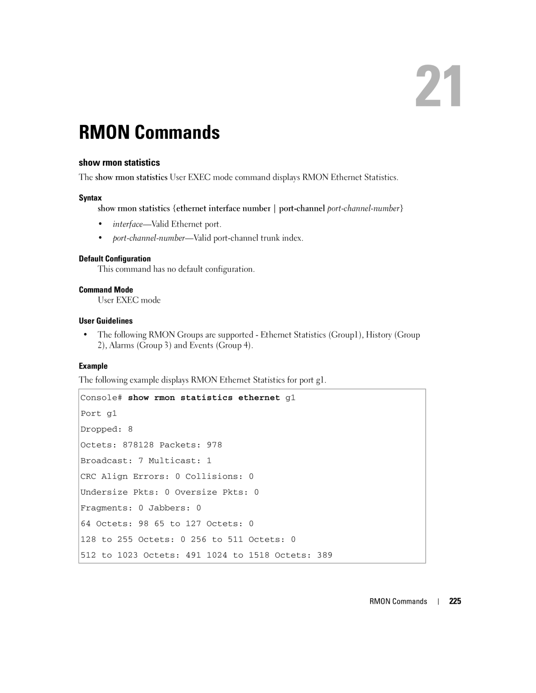 Dell 5324 manual Rmon Commands, Show rmon statistics, Console# show rmon statistics ethernet g1, 225 