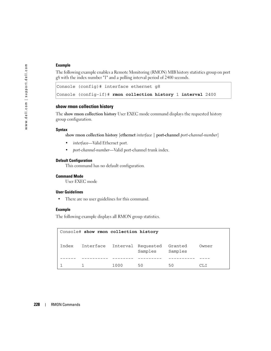 Dell 5324 manual Show rmon collection history, Console config-if#rmon collection history 1 interval, 228 