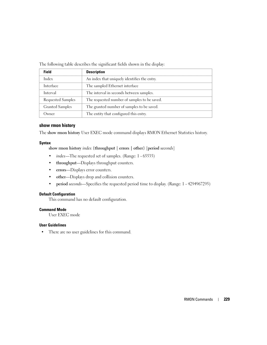 Dell 5324 manual Show rmon history, 229 