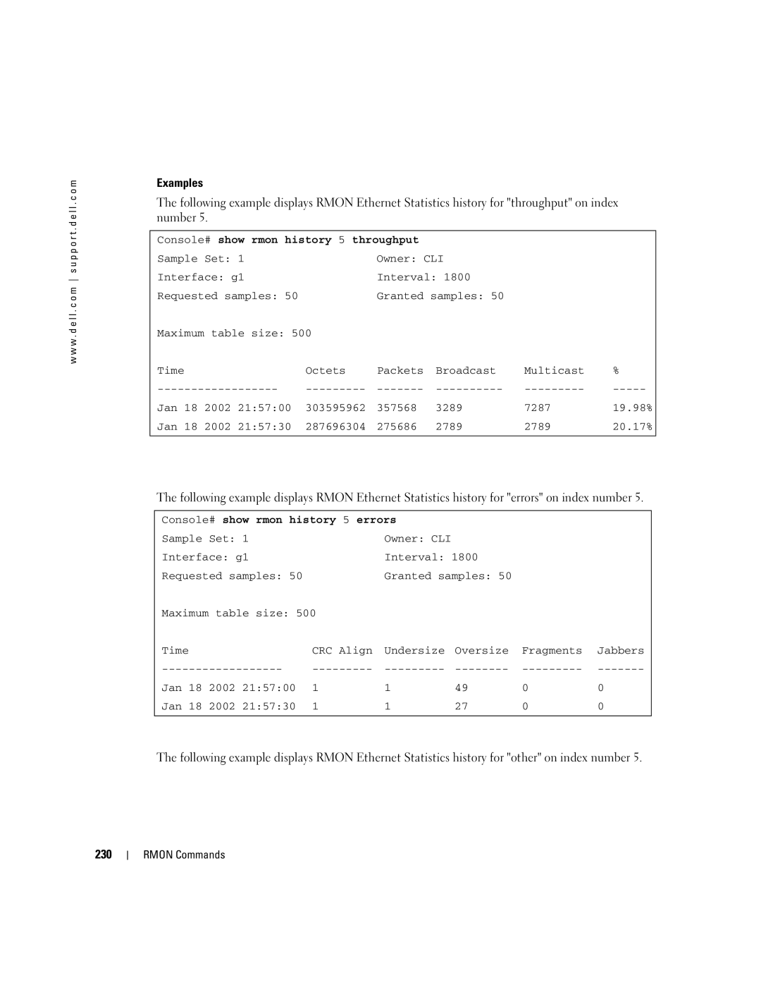 Dell 5324 manual 230, Console# show rmon history 5 throughput, Console# show rmon history 5 errors 