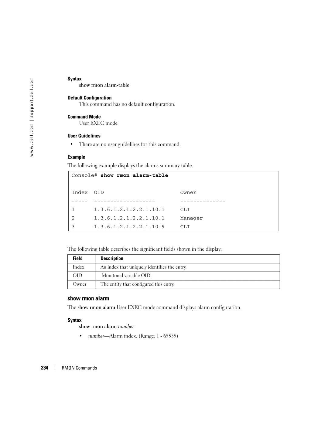 Dell 5324 manual Syntax Show rmon alarm-table Default Configuration, Console# show rmon alarm-table, 234 