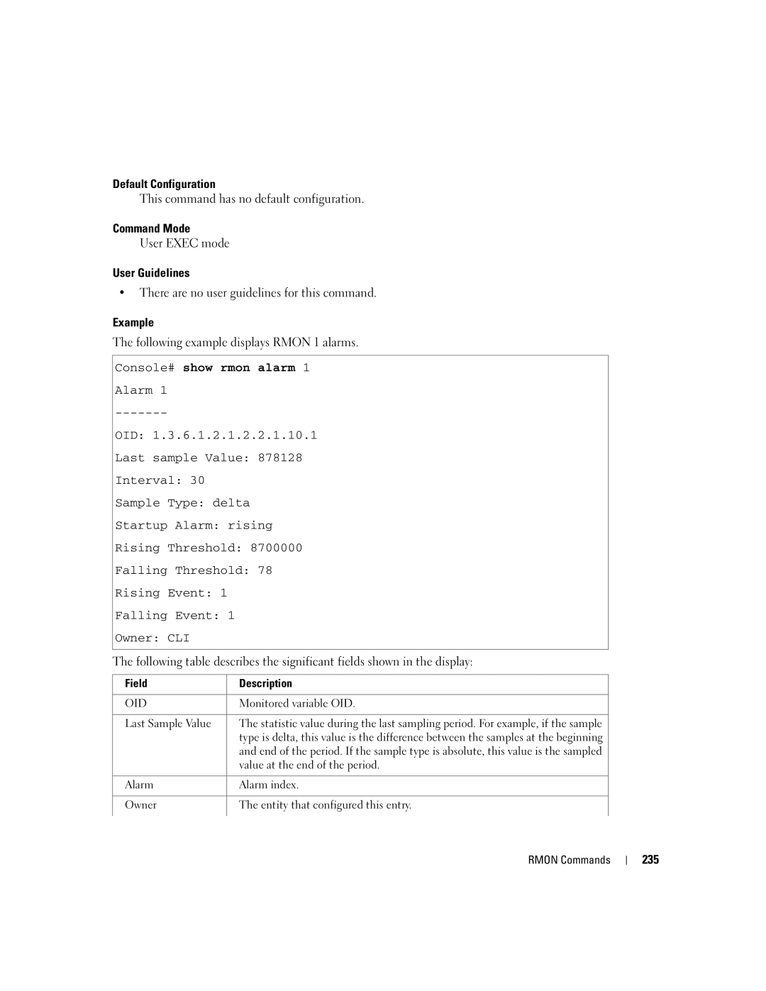 Dell 5324 manual Following example displays Rmon 1 alarms, Console# show rmon alarm, 235 