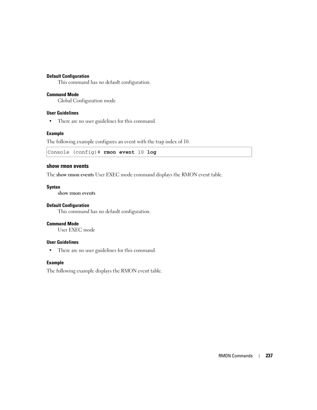 Dell 5324 manual Show rmon events, Following example configures an event with the trap index, 237 