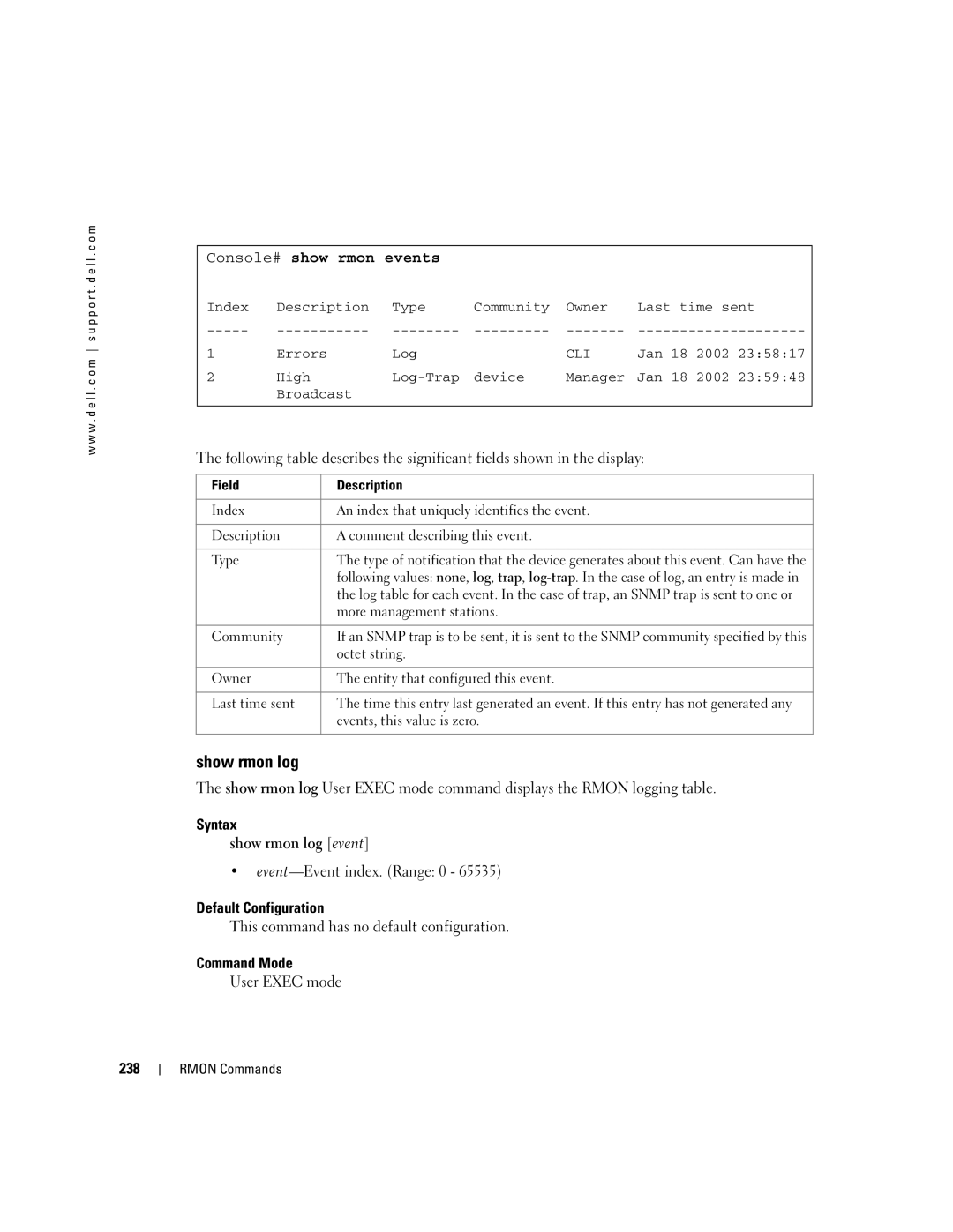 Dell 5324 manual Console# show rmon events, Syntax Show rmon log event, Event-Event index. Range 0, 238 