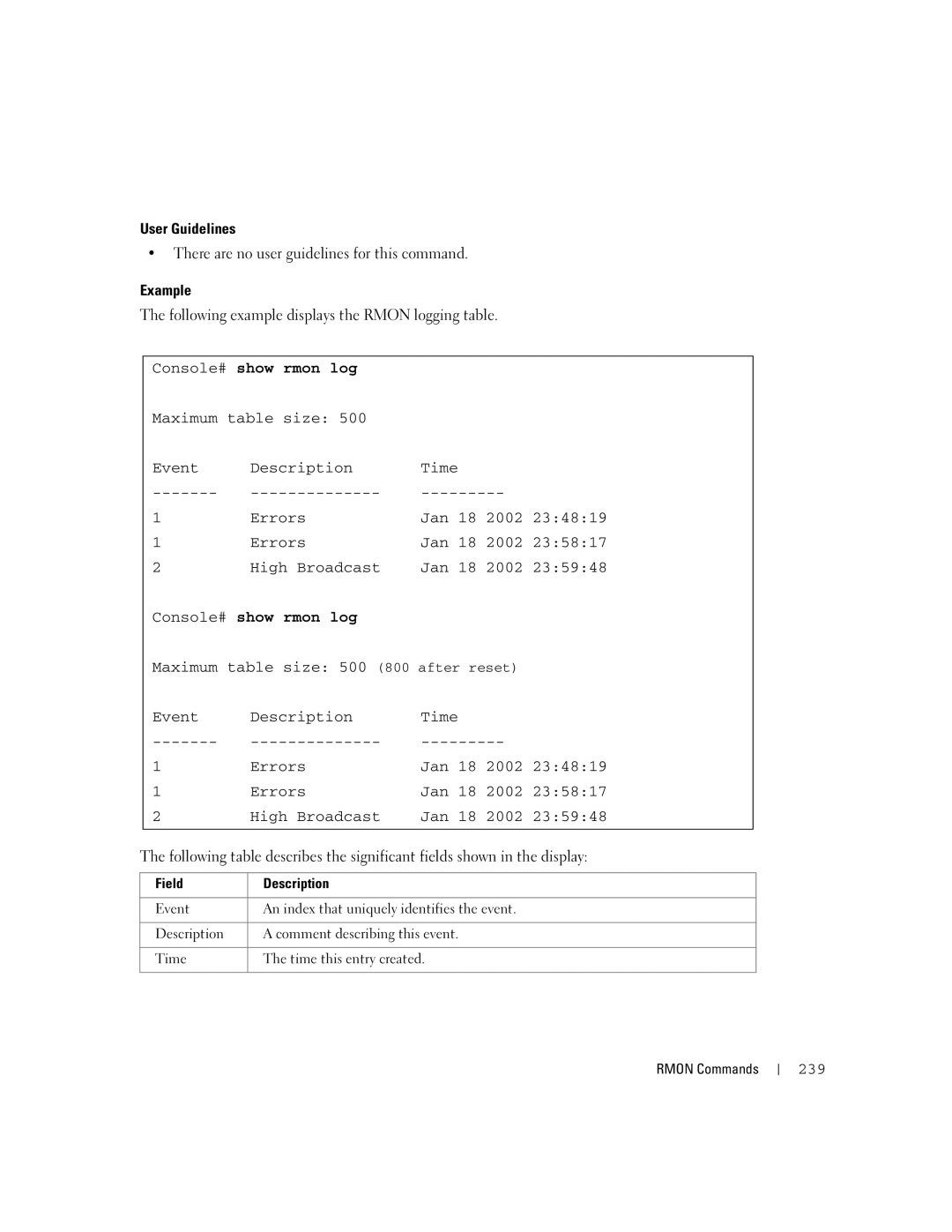 Dell 5324 manual Following example displays the Rmon logging table, Console# show rmon log, 239 