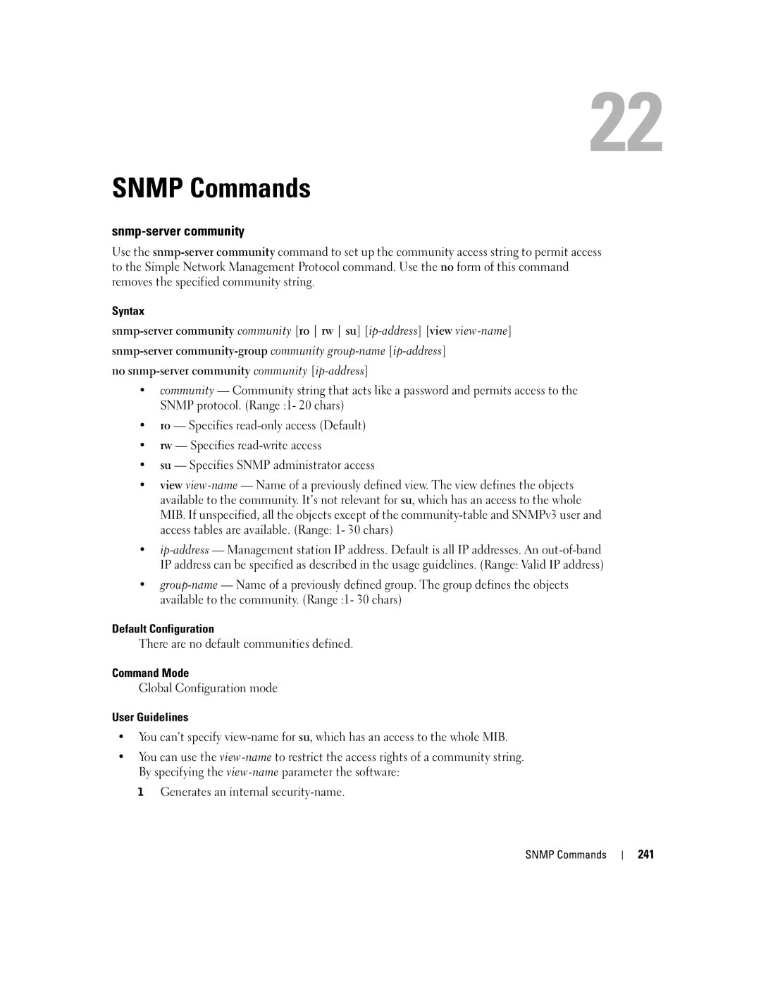 Dell 5324 manual Snmp Commands, Snmp-server community, No snmp-server community community ip-address, 241 