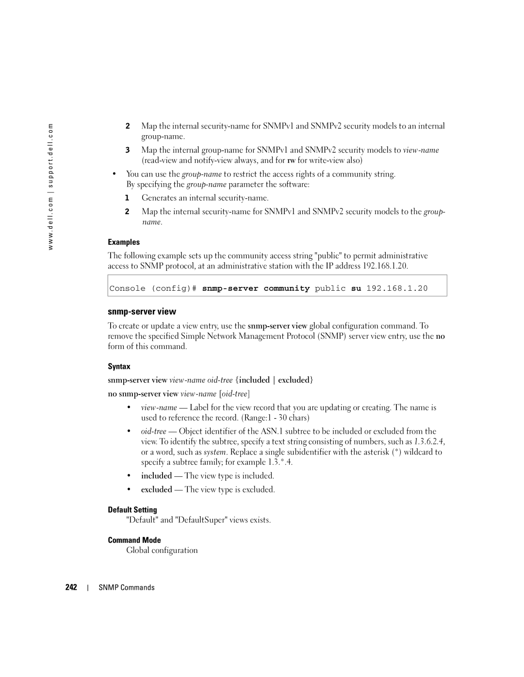 Dell 5324 manual Snmp-server view, Default Setting, Default and DefaultSuper views exists, 242 