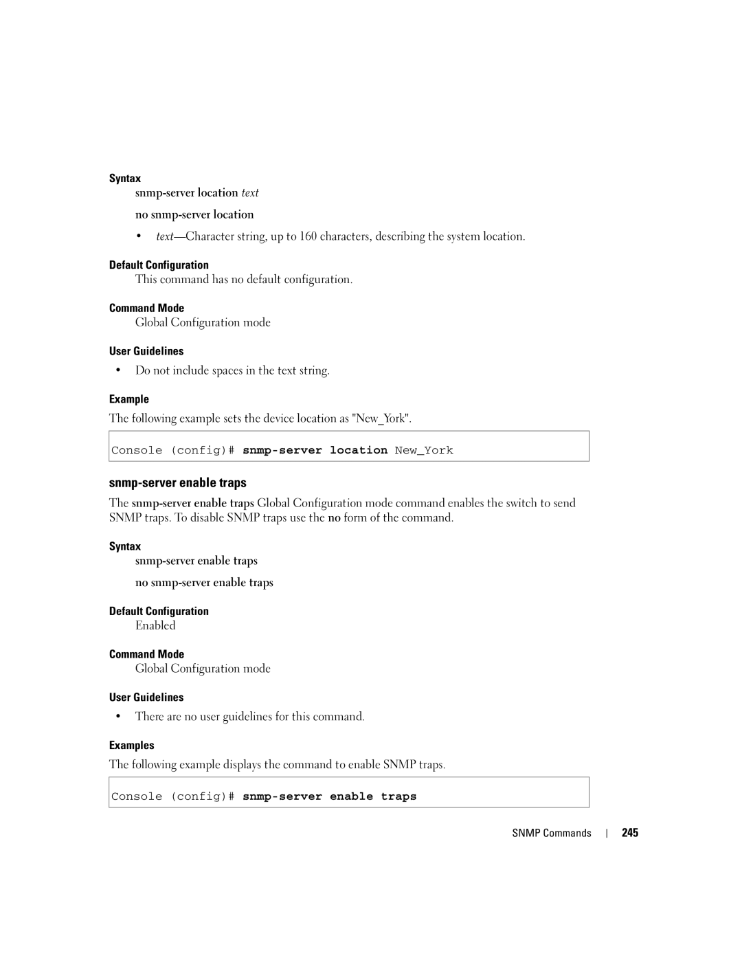 Dell 5324 manual Snmp-server enable traps, Syntax Snmp-server location text No snmp-server location, 245 