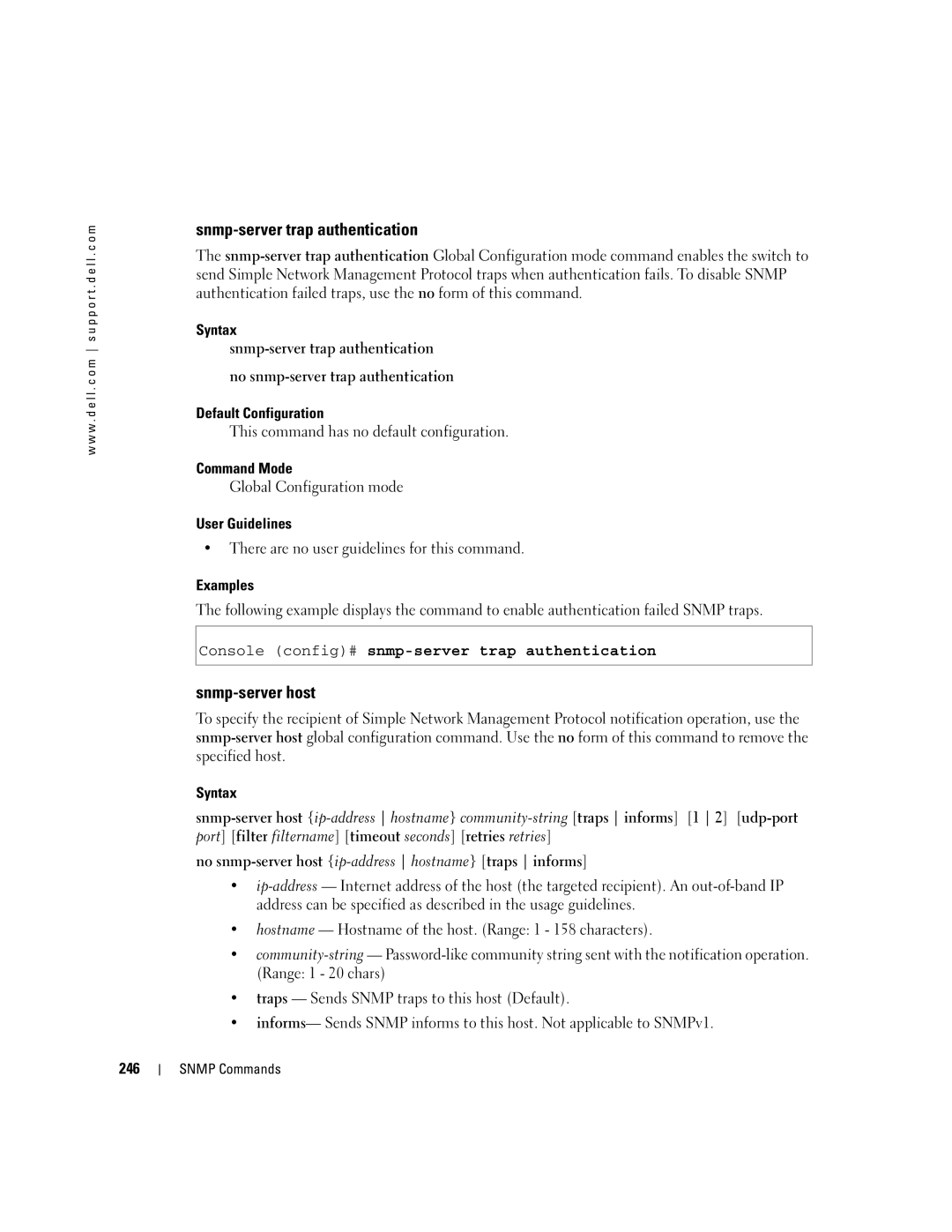 Dell 5324 manual Snmp-server trap authentication, Snmp-server host, Console config# snmp-server trap authentication, 246 